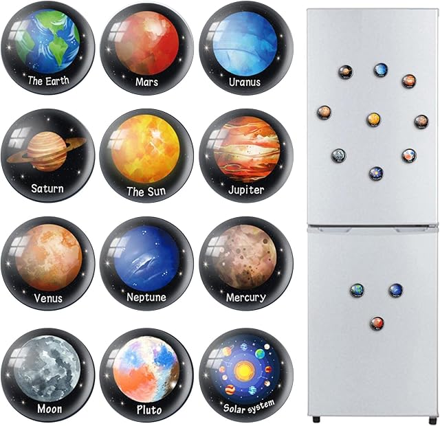 A/R Planet Fridge Magnets,Solar System Round Refrigerator Magnetic Sticker | 12pcs Decorative Magnets for Fridge with Various Patterns, Soft Magnet
