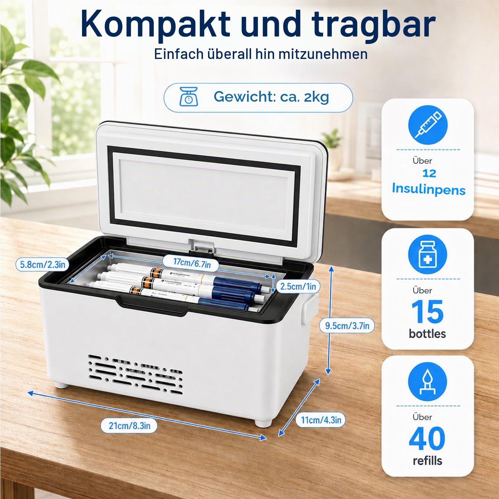 Akku Tragbare Kühlbox Elektrisch, Mini Medikamenten Kühlbox für Insulin & Peptide, LED-Anzeige 0-18°C Einstellbar, Mit Zwei 10600mAh Akkus für Zuhause Reisen Auto