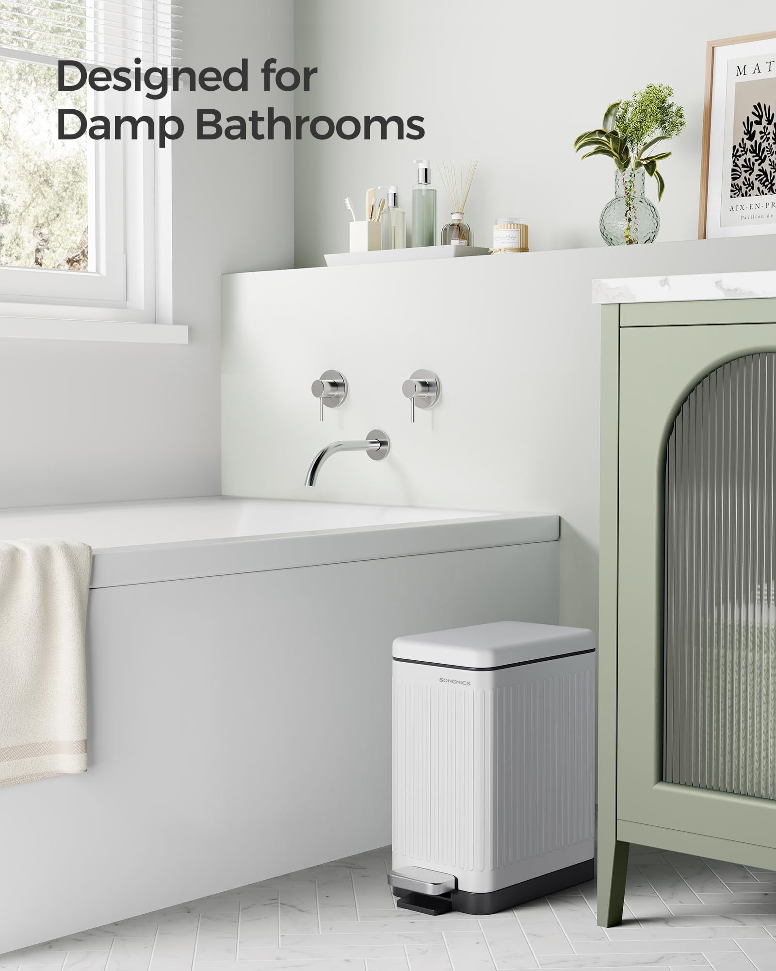 Songmics Abfallbehälter für Badezimmer, 10 Liter mit Deckel, Schlankes Design für kleine Räume, Edelstahl Mülleimer Softclose, weiß, ULTB562W01 | PATIA Collection ULTB562W01 Abfalleimer, schmal, für kleine Räume, Soft Close, Mattweiß, Kollektion PATIA