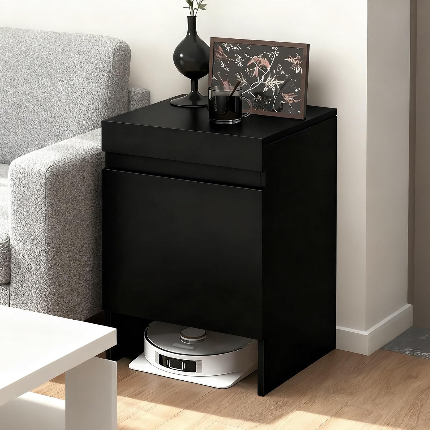 Vacuum Hidden Cleaner Storage Cabinet for Sweeping Robots, Wood Storage Cabinet with Doors for Robot Vacuum Cleaner, Easy to Change Water for Living Room/Bedroom/Kitchen(Black)