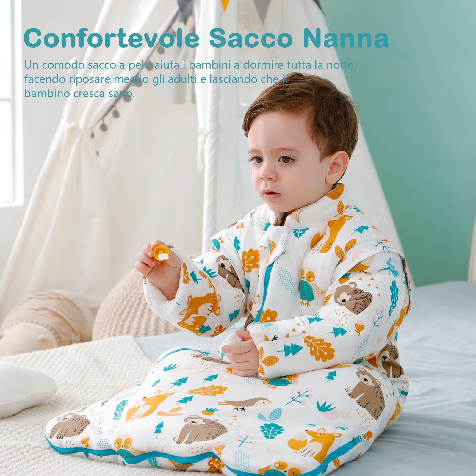 MIKAFEN Sacco a pelo invernale per bambini Sacco a pelo per bambini 3,5 Tog Sacco a pelo in puro cotone Varie dimensioni dalla nascita ai 4 anni(Mondo animale,75-90 cm (6-18 mesi))