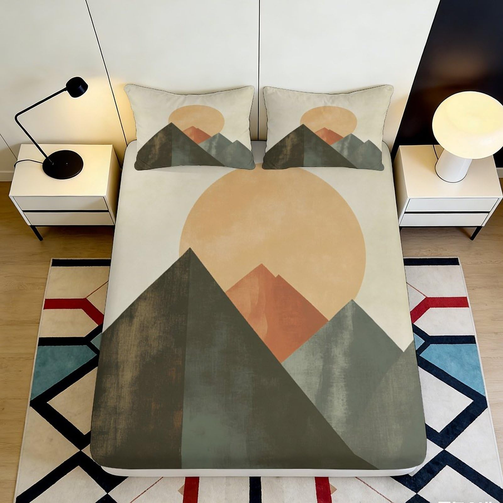 3D Printed Mountain Sunrise Fitted Sheet Microfiber Soft Breathable Geometric Landscape Mattress Cover for Bedroom Guest Room Decor 90x200x25cm
