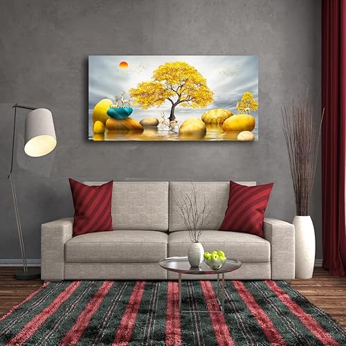Miniatura 3 de SiGuTie Imagen abstracta de árbol amarillo y piedras en el lago para sala de estar y dormitorio, arte de pared en blanco y negro, decoración de