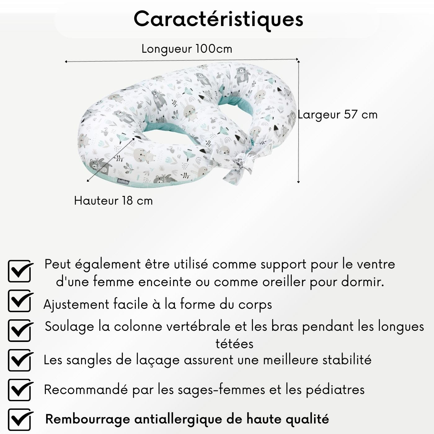 Bellochi Coussin d'allaitement Jumeaux avec Housse Coussin Allaitement - 100% Coton - Oreiller Allaitement Multifonction - Animaland