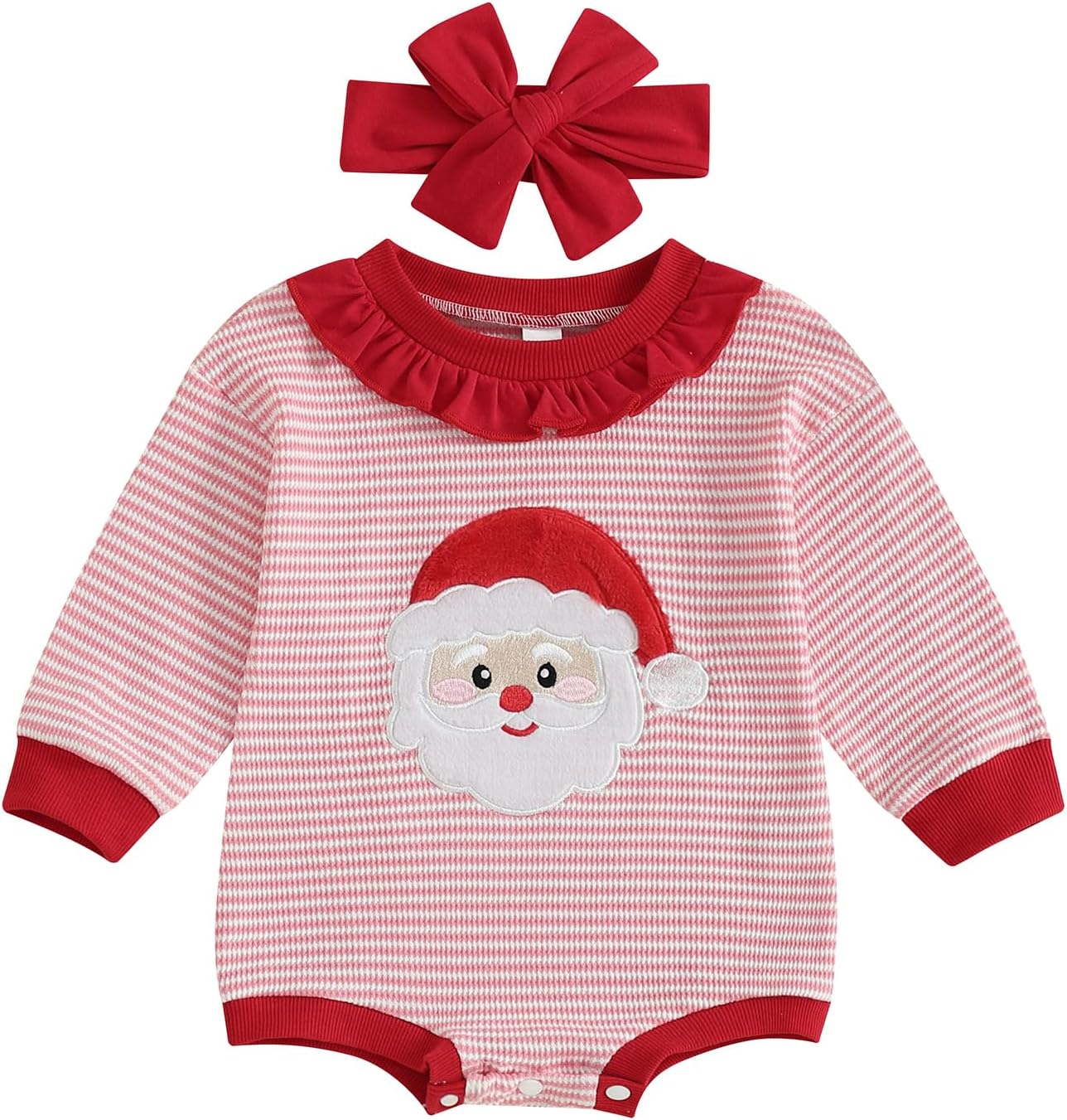 Newborn Girl Christmas Romper Long Sleeve Stripe Jumpsuit Santa Claus Embroidery Ruffle Collar Outfit Newborn Girl Christmas Romper Long Sleeve Stripe Jumpsuit Santa Claus Embroidery Ruffle Collar Outfit