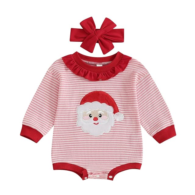 Honganda Newborn Baby Girl Christmas Outfit Long Sleeve Santa Claus Embroidery Striped Romper with Headband Set Fall Clothes