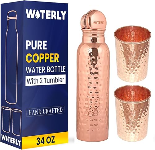 Botella de cobre puro hecha a mano de 34 oz (33.8 fl oz)  Botella de cobre aryuvedic para beber, oficina, escuela y regalos, material pesado con