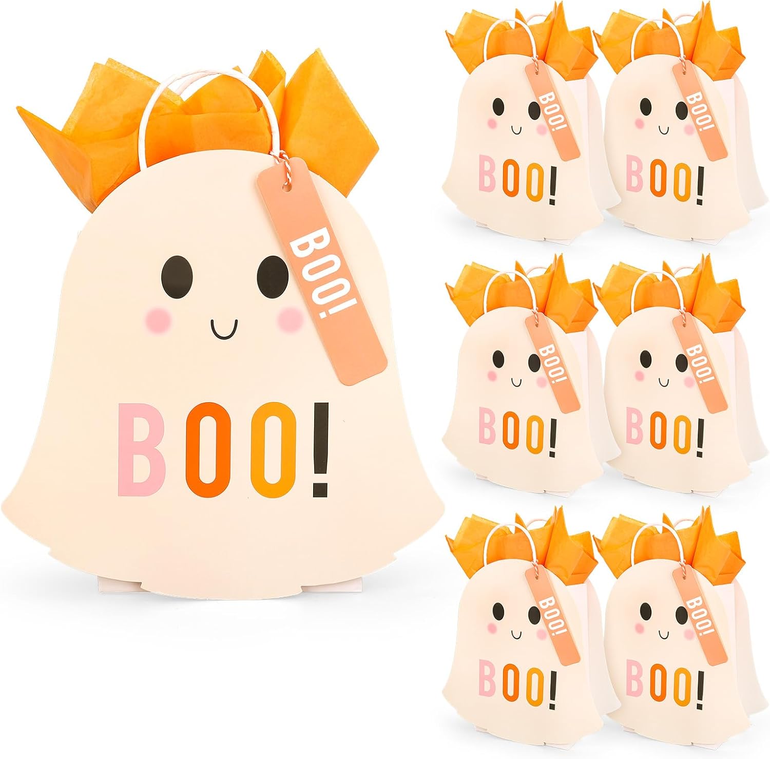 JarThenaAMCS 16 Pcs Halloween Ghost Paper Gift Bags with 20 Sheets Orange Tissue Paper Cute Ghost Boo Favor Candy Goodie Treat Bag with Handles and Tags for Trick or Treat Holiday Birthday Party