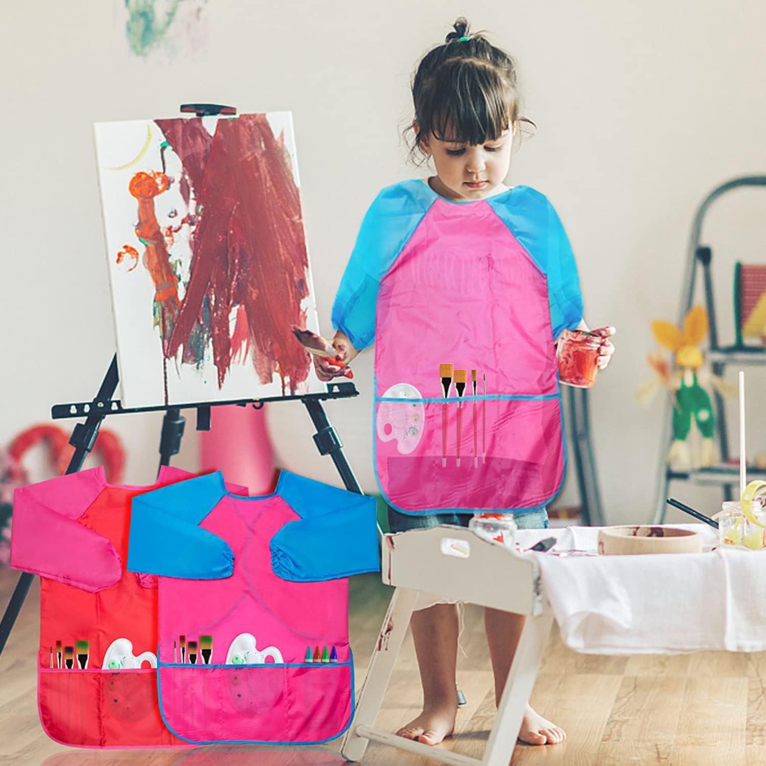 kids childrens apron art smocks waterproof apron kastwave long sleeve children painting aprons with 3 pockets for painting pottery school baking painting craft lab activity age 3 8 - الصورة 8
