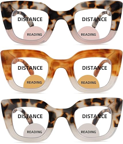 Paquete de 3 lentes de lectura bifocales para mujeres y hombres, parte superior transparente, bifocales, marco grueso de moda, +1.75