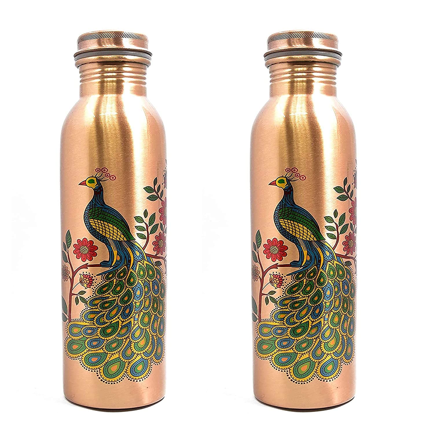 Golden Valley Peacock Printed Lacquer Coated Pure Copper Water Bottle (Set of 3-1 liters each)®