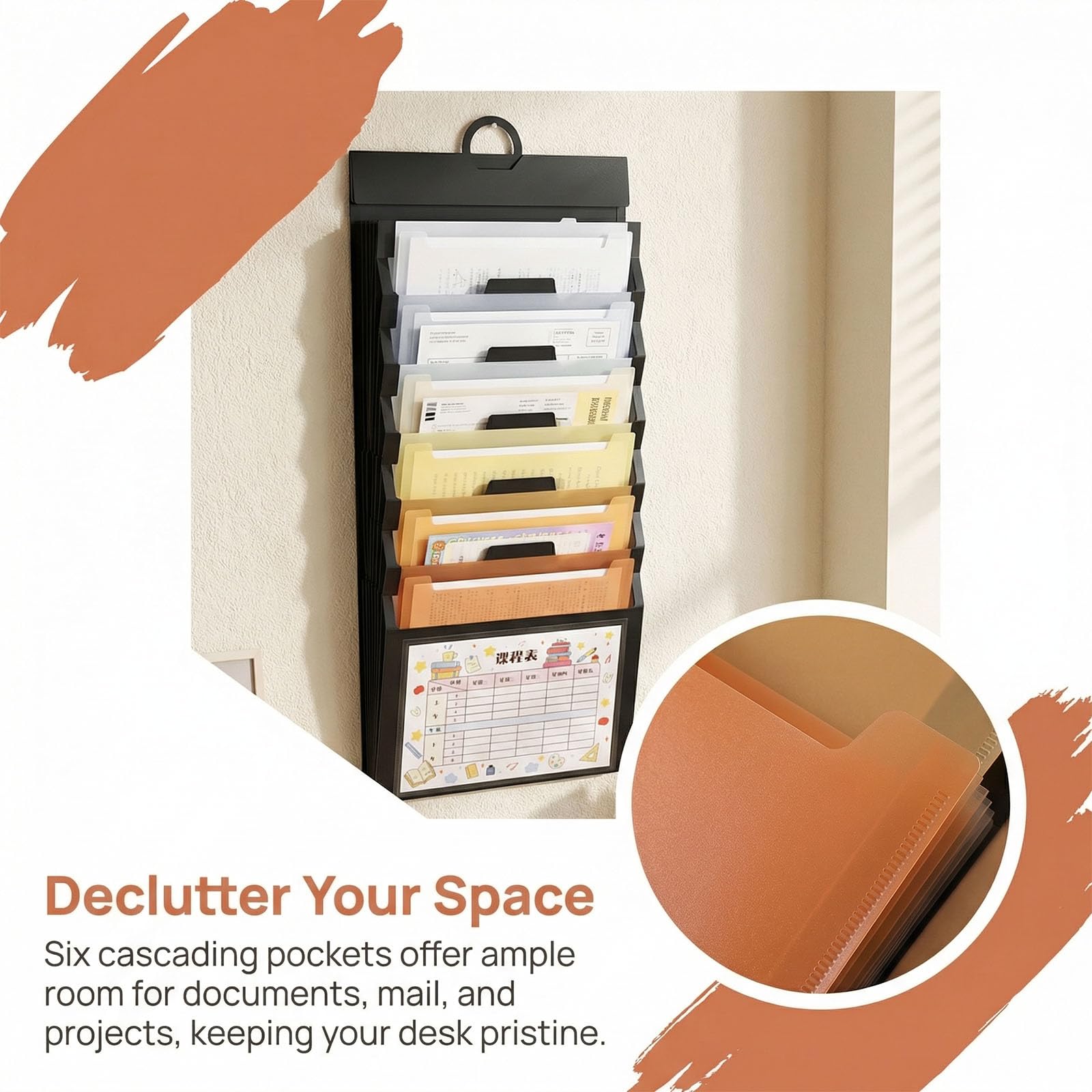 Colexy Portariviste da Parete, Portadocumenti con 6 Scomparti, Organizer da Parete per Ufficio e Classe (Marrone)