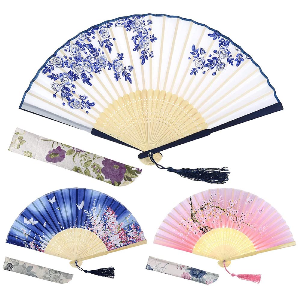 KASTWAVE 3Pcs Folding Fan, Chinese Vintage Style Handheld Fan with Fabric Sleeve, Silk Fan with Bamboo Frame and Elegant Tassel for Party Wedding Dancing Decoration