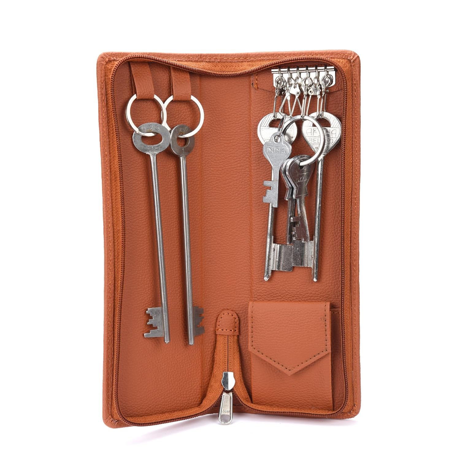 PU Leather Double Key Case key holder leather key pouch key purse with Zipper, 25.5 cm x 8.5 cm x 2.50 cm (Set of 1), Tan-image-23