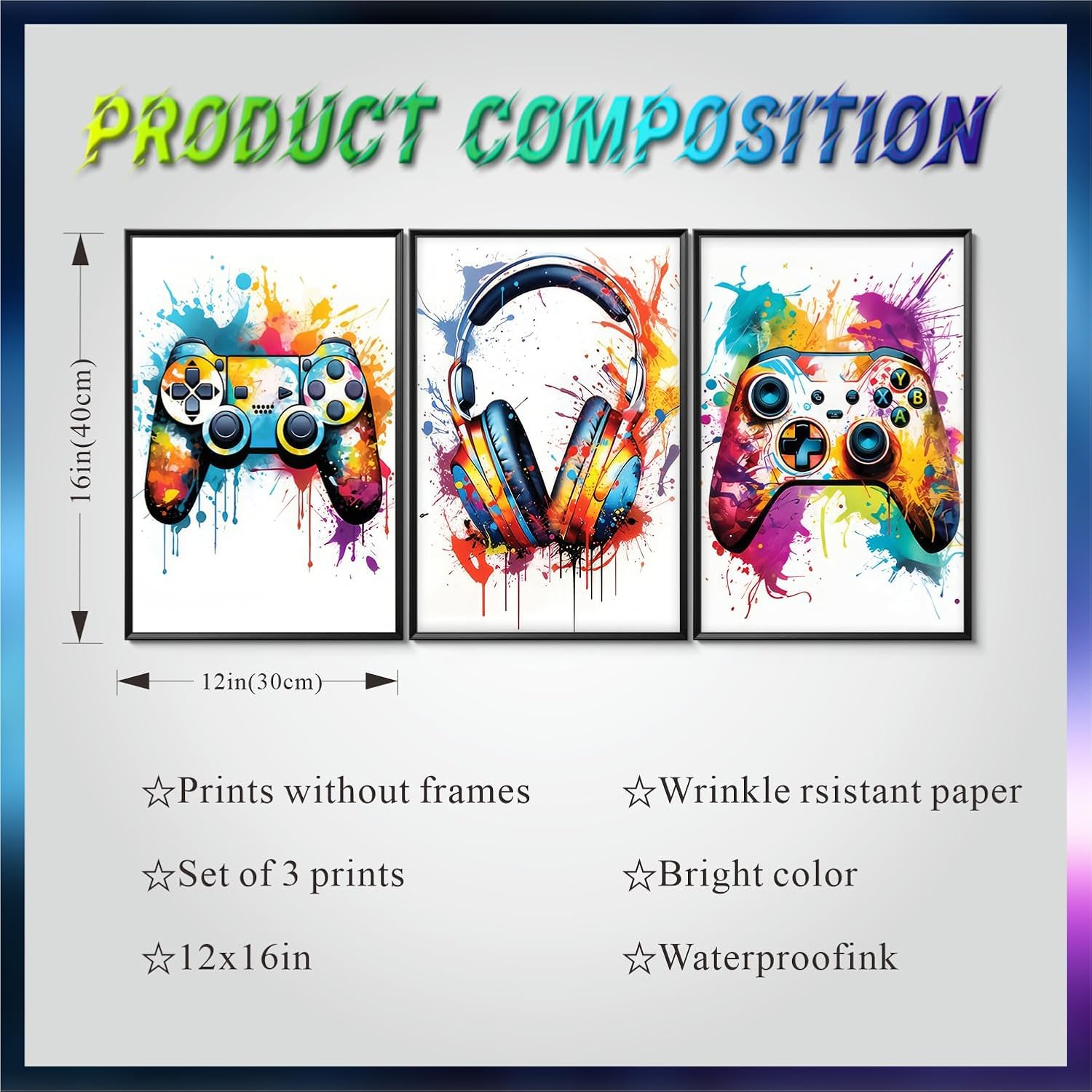 Gaming Room Decor Wall Art Set of 3, Video Gaming Theme Decor Gamer Room Gamepad Graffiti Posters Pictures Wall Art, Gaming Canvas Painting Prints for Teen Boys Room Decor 12x16in Unframed - Image 5