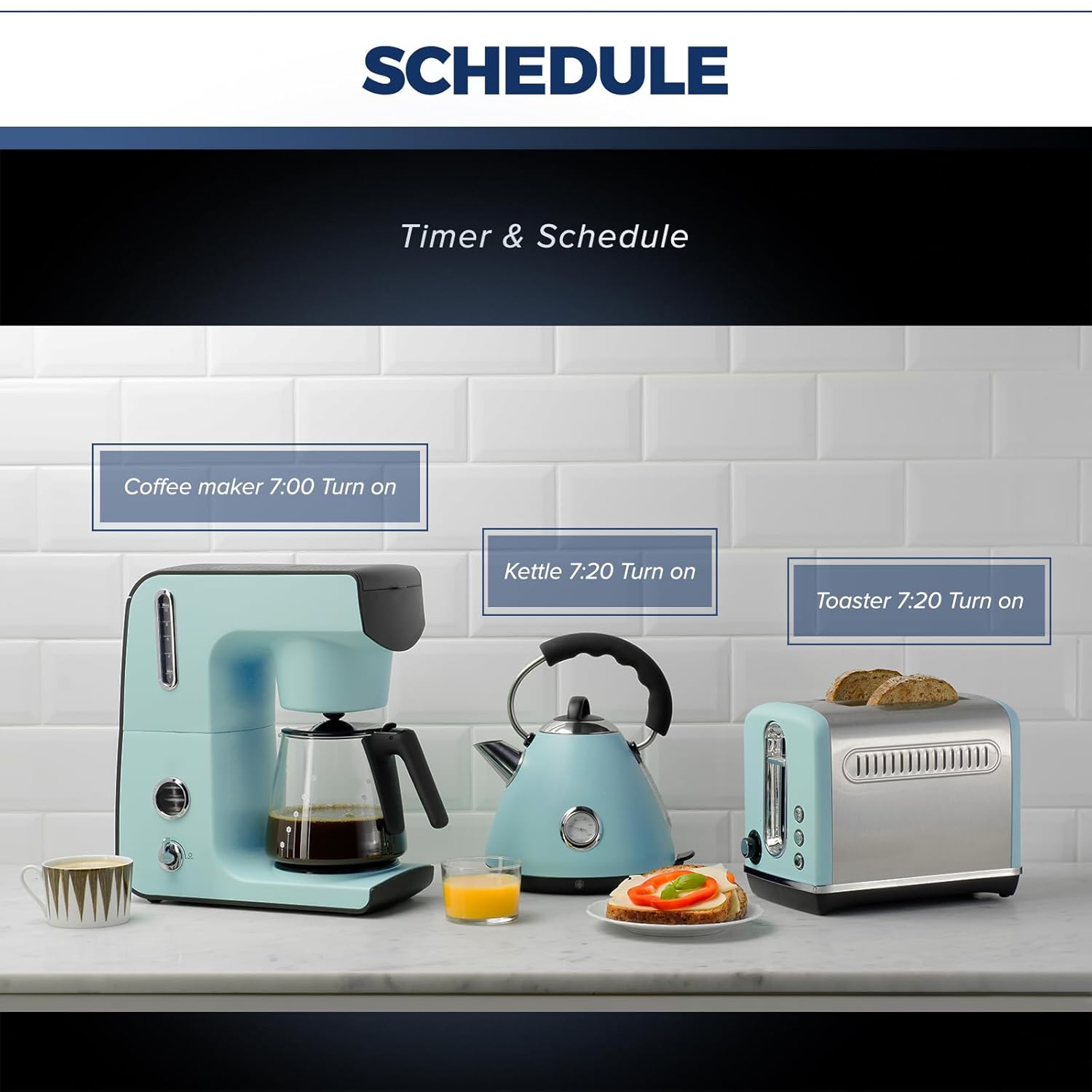 Kitchen counter with a coffee maker, kettle, and toaster, showing digital labels for scheduled turn-on times.