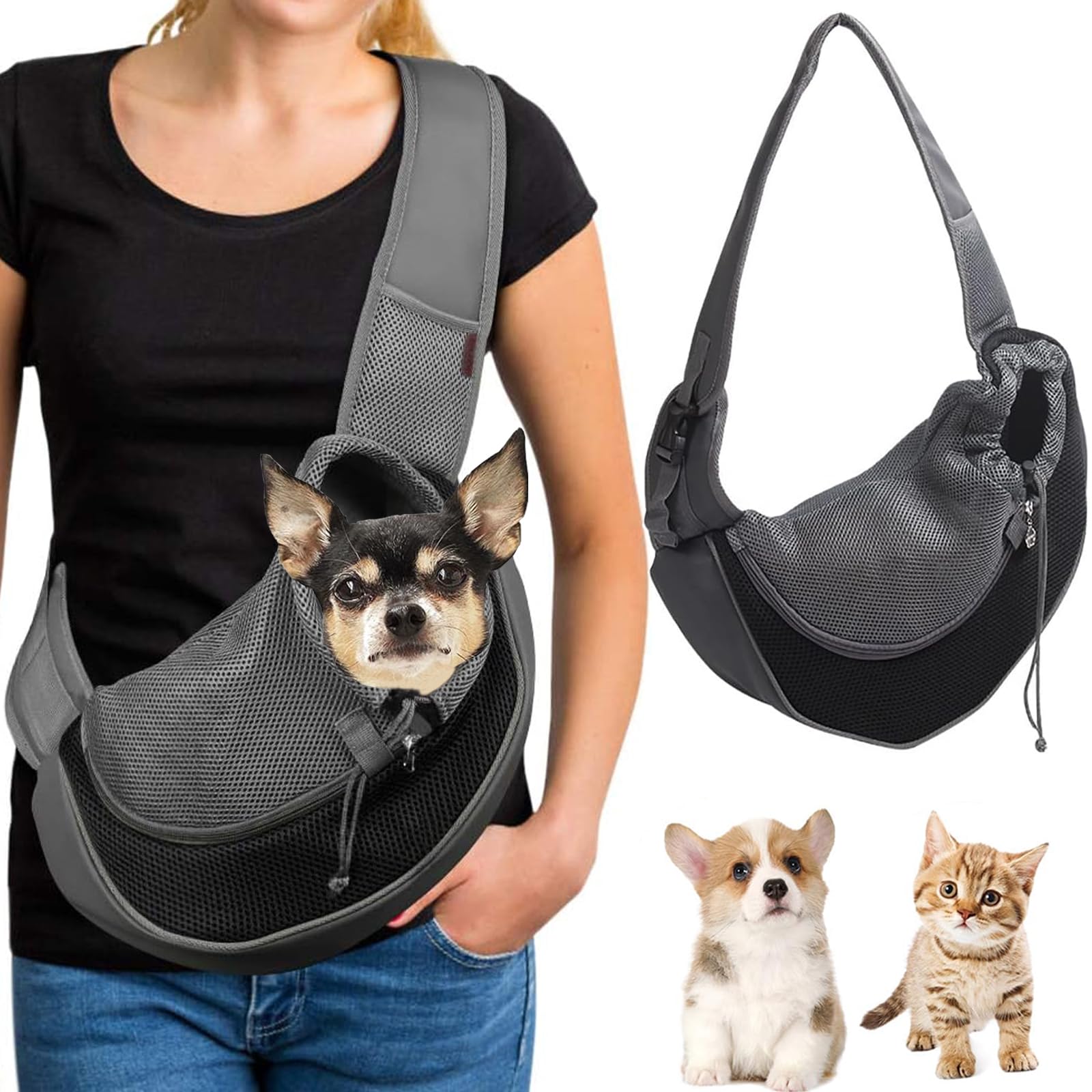 Sac de Transport en Maille Respirant pour Chien et Chat - Bandoulière Réglable Mains Libres (Noir)
