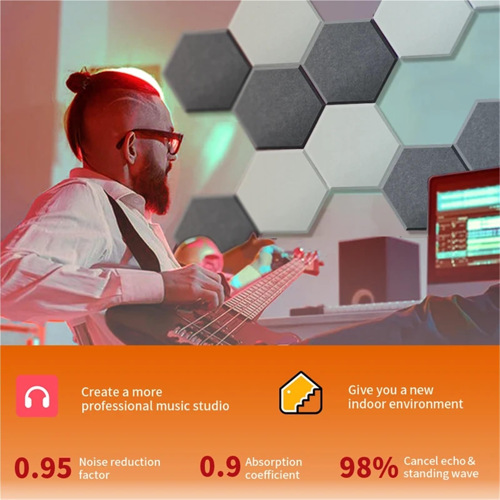 Paneles Acústicos Hexagonales Paneles insonorizados de alta densidad resistentes al fuego que absorben el ruido y eliminan los ecos Para el estudio(32 Black,18 Pcs,1.2cm Medium Density)