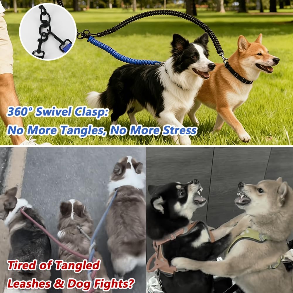 16.4ft Dual Retractable Dog Leash for Small to Large Dogs 25–55 lbs, USB Rechargeable LED Light, 360° Tangle-Free, Detachable Front Lead & Emergency Ready, Reflective Elastic (White)