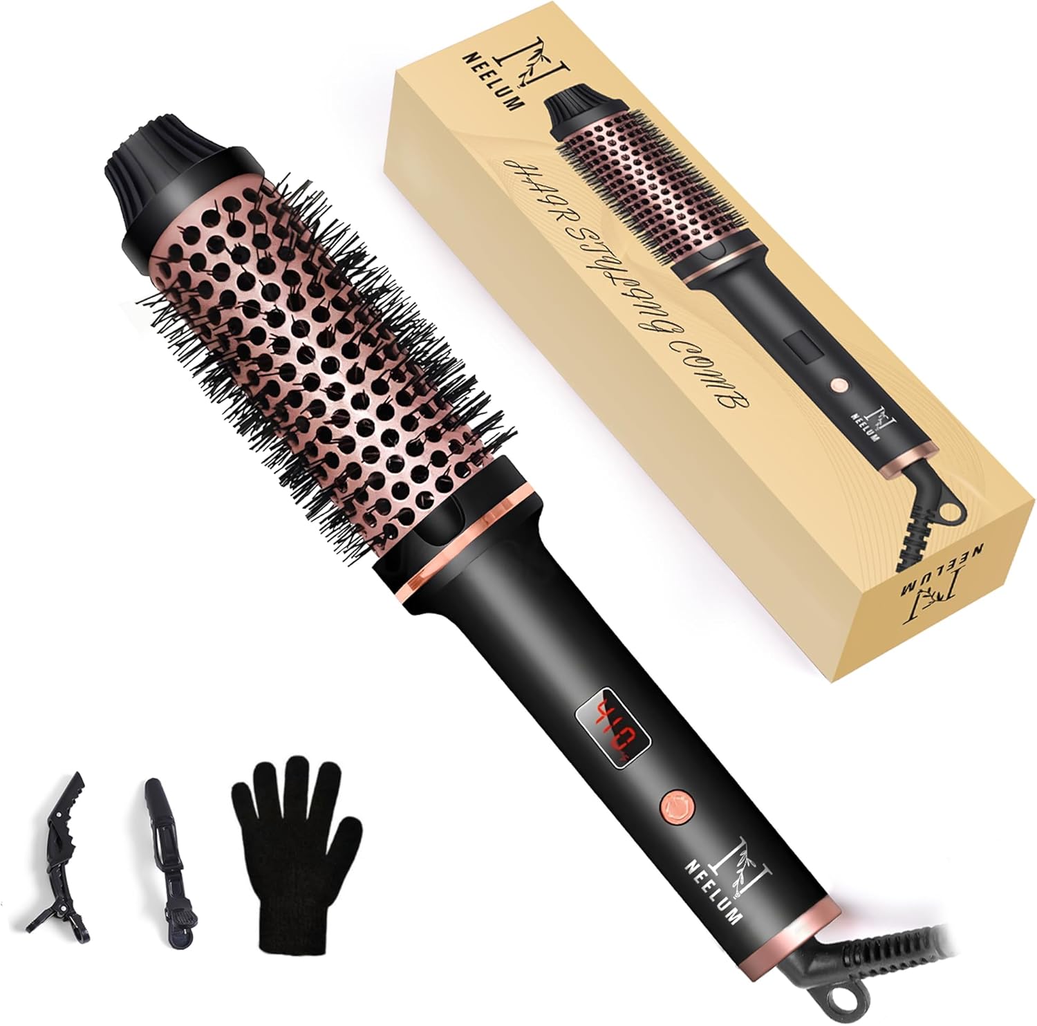 Neelum Thermal Brush, 1.5” Negative‑Ion Curling for Salon‑Quality Blowouts, 30s Fast Dual PTC Ceramic Heated Round Brush, Ionic Frizz Reduction, Volumizing, smoother&Shinier hair Dual Voltage Styling