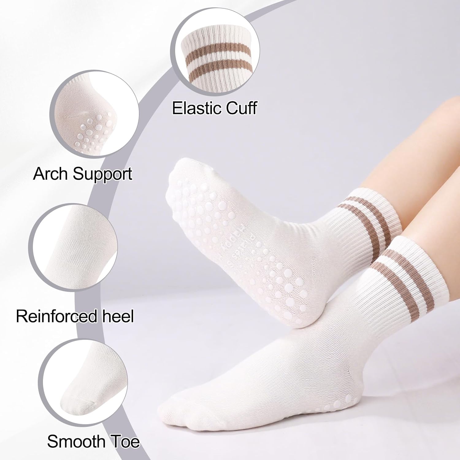 Jspupifip 4 Pairs Striped Pilates Socks with Grips for Women, Non-Slip Yoga Athletic Socks Cotton Crew Sock for Barre Barefoot Workout Hospital - Image 3