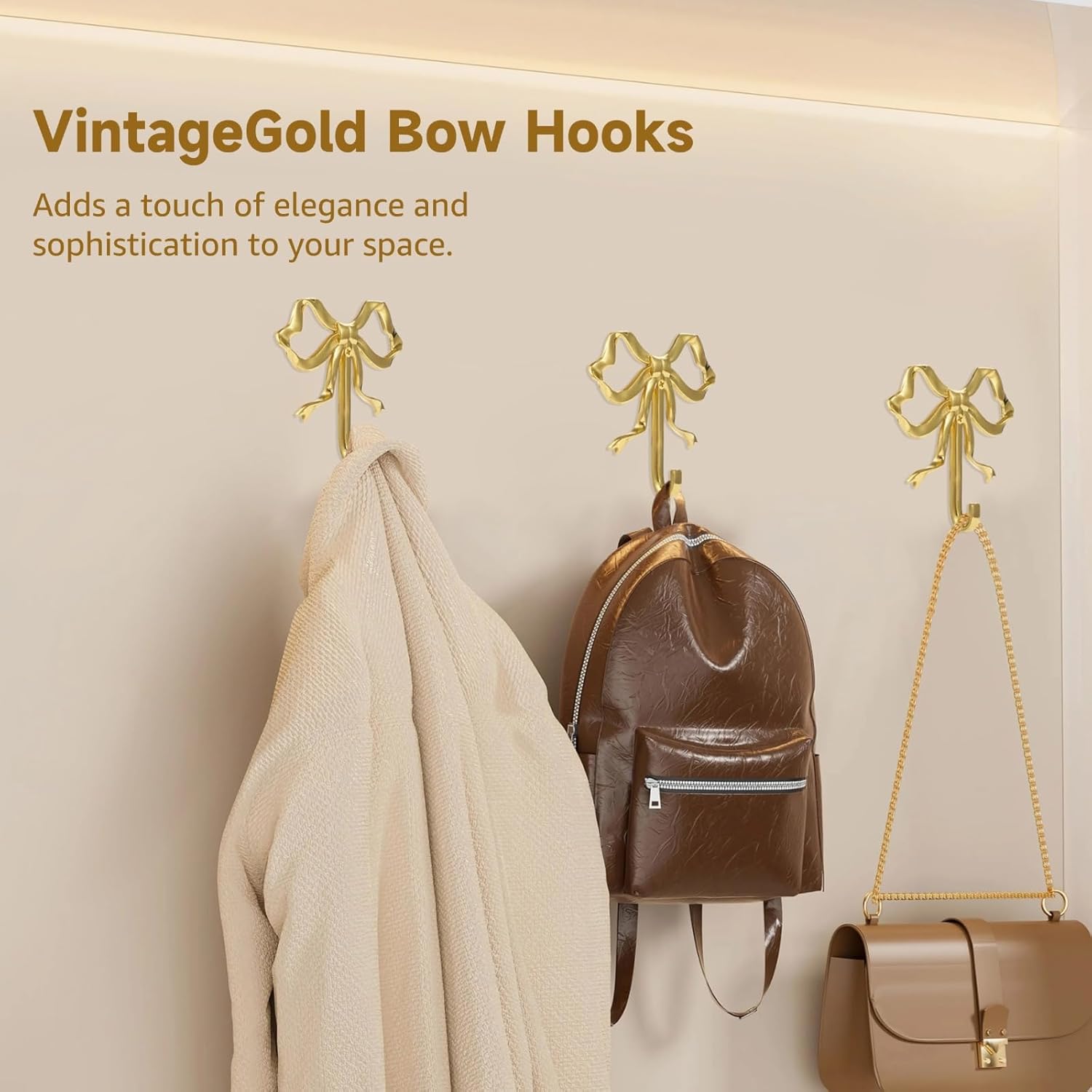4 PCS Gold Bow Hooks for Wall - Bowknot Wall Hooks, Elegant Golden Bow Wall Hanger, Home Decorative Hook, Wall Mounted Metal Hook for Coat Hat Towel, Multipurpose Hook for Entryway Bedroom Bathroom