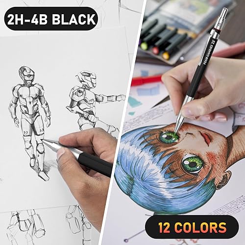 Miniatura 8 de Four Candies Juego de lápices mecánicos de 0.079 pulgadas con estuche, soporte de plomo de metal con 60 piezas de repuesto de plomo de grafito (HB,