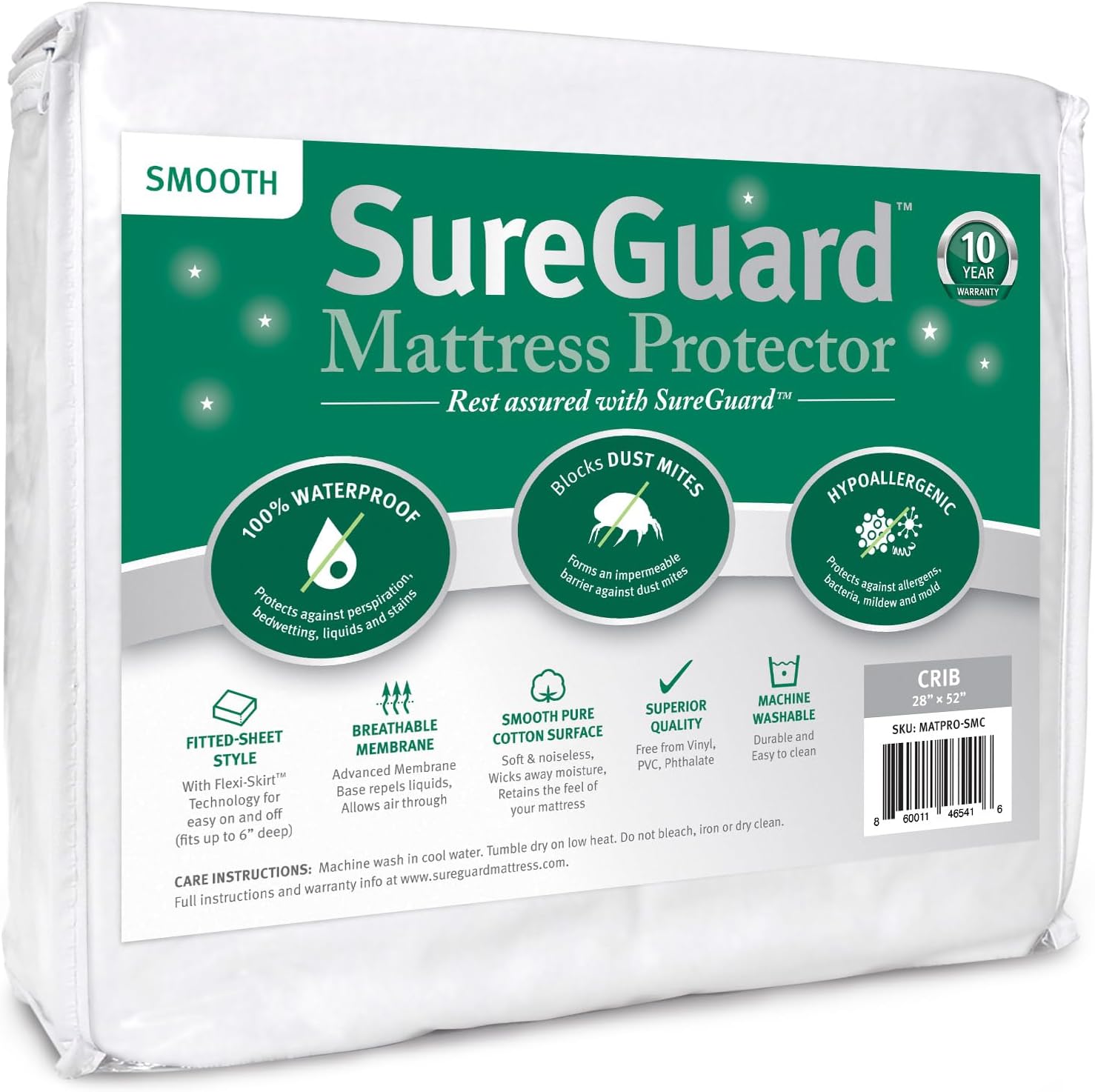 Crib Size Mattress Protector - 100% Waterproof, Hypoallergenic - Premium Fitted Cotton Cover - Smooth