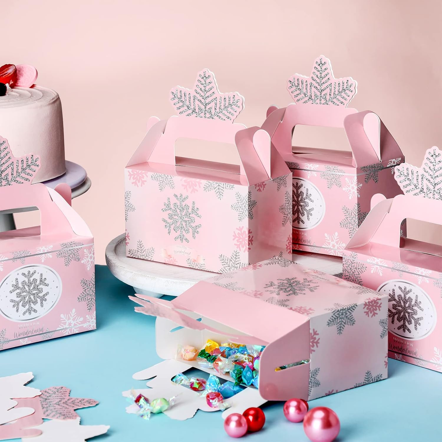 Sinmoe 12 Pcs Winter Wonderland Party Favor Box Birthday Gable Boxes Snowflake Treat Boxes Paper Goodie Gift for Wonderland Birthday Winter Holidays Baby Shower Weddings Decorations(Pink) - Image 4