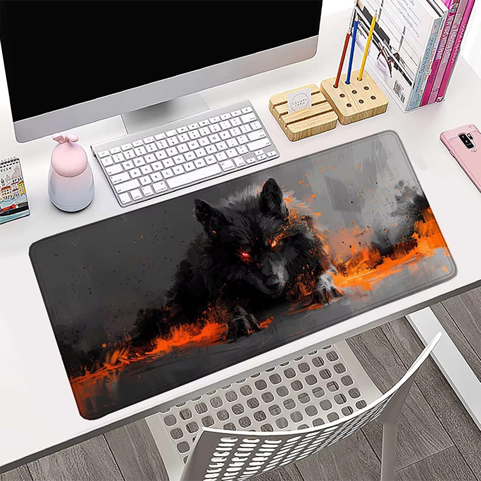 Tapis de Souris Gaming, Loup Tapis de Souris XXL 1000 X 500 mm, Large Mouse Pad Noir Motif avec Bords Cousus pour Améliorer Précision et Rapidité, Base en Caoutchouc Antidérapant, Cadeau -zzg2505NW