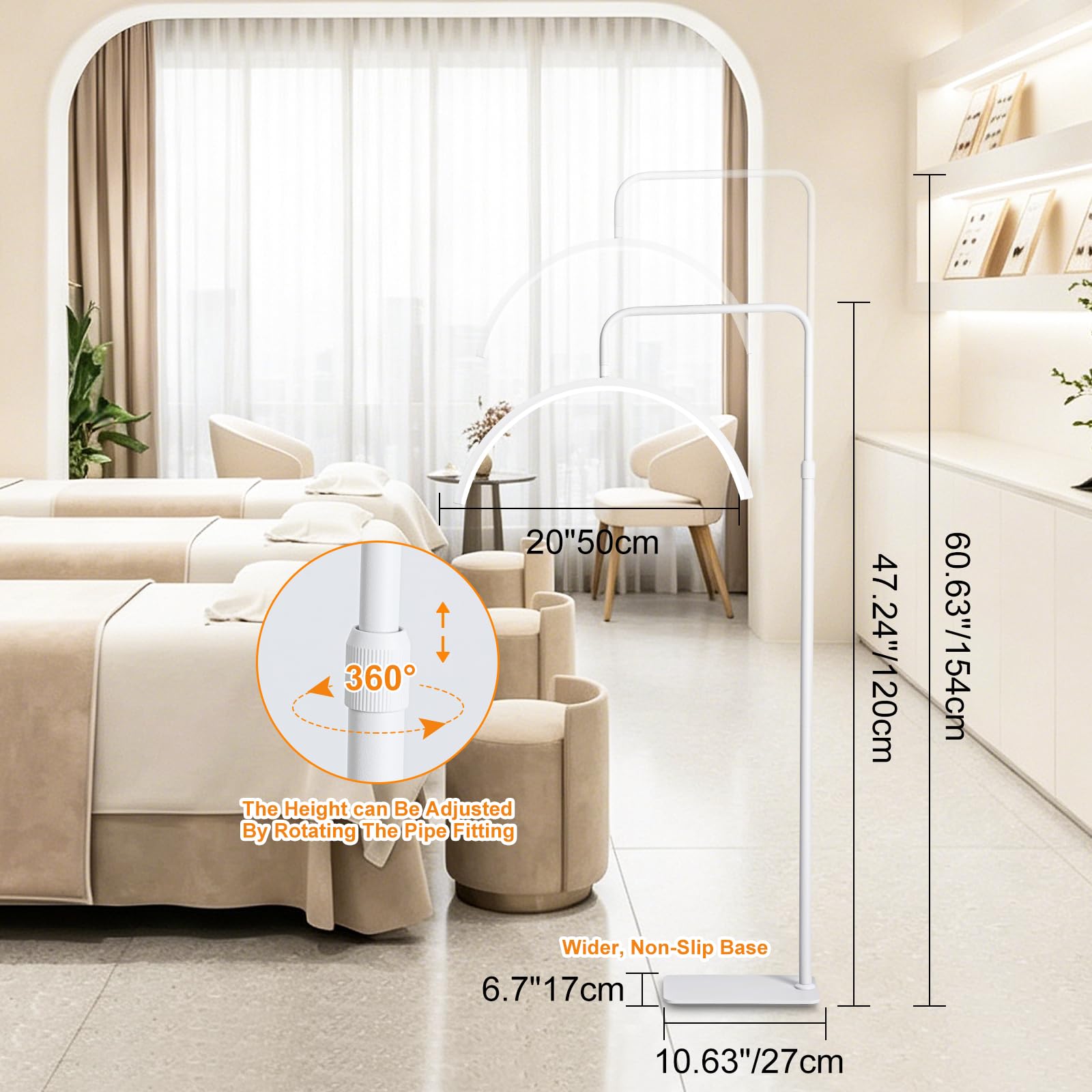 Lampadaire Hauteur Réglable 120-154cm Lampe sur Pied LED Tête Orientable Intensité Réglable 3 Couleurs avec Support Interrupteur au Pied Lampe d'Appoint pour Beauté Extension Cils et Tatouage