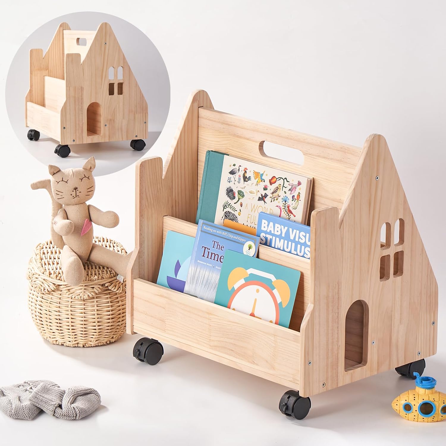 Kids Bookshelf for Toddlers, Montessori Wooden Bookcase with Wheels | Double-sided house shaped nursery bookshelf for playroom bedroom classroom, baby book storage organizer, kids display shelves