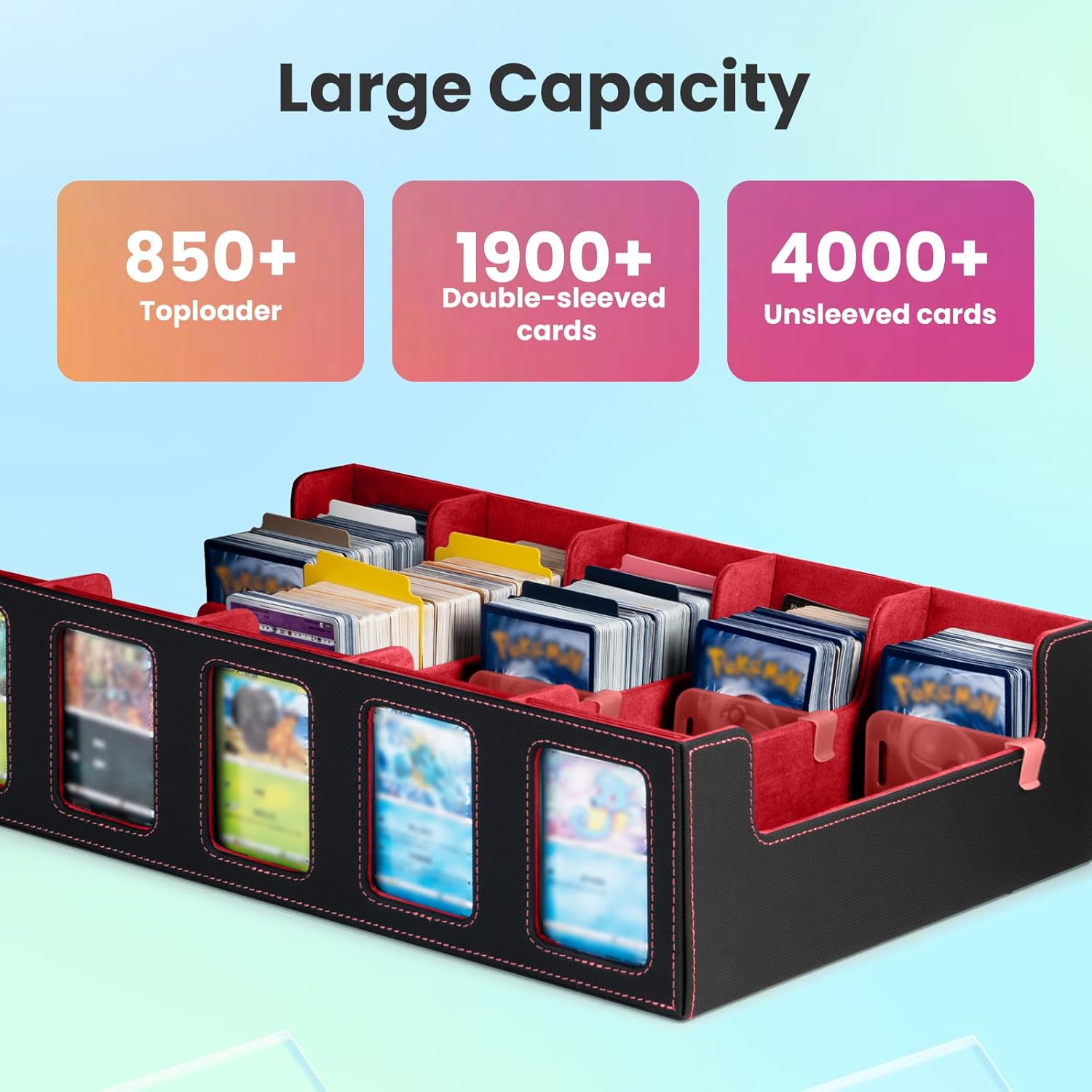 Collectible Trading Card Cases with Portable Handle, with 48 Colorful Divider Tabs&4 card supporters,5 card holders, one bag,PU Leather Commander Card Deck CaseforMTG Game Cards ( 5Rows-Black & Red)