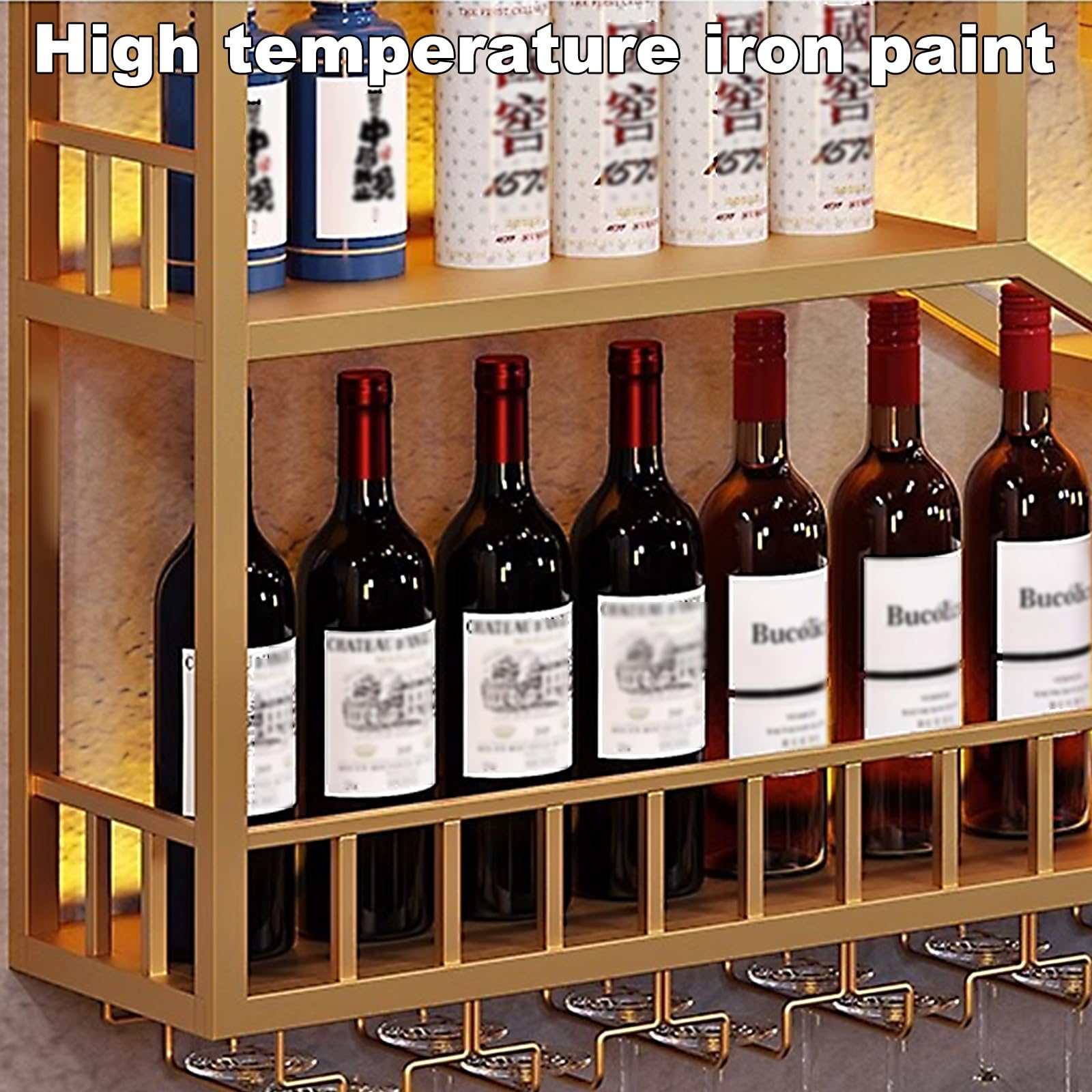 Botellero Vino Pared Botellero Moderno de Hierro Lacado a Alta Temperatura, Wall Mounted Wine Rack con Luces Led y Portavasos para Cocina, Comedor, Bar(120 * 20 * 125cm)