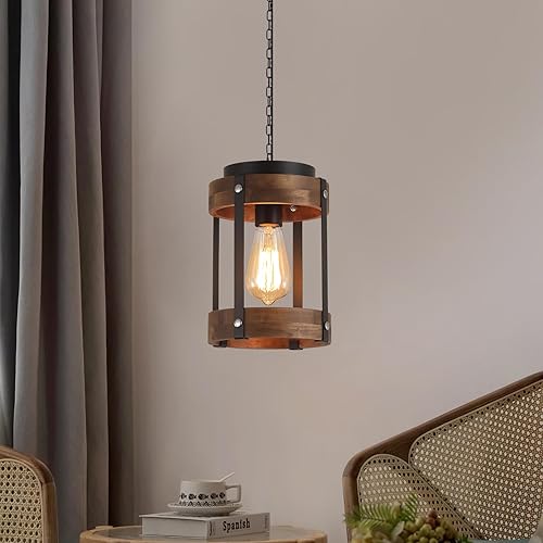 Miniatura 7 de Lámpara colgante rústica de granja con cadena ajustable, interruptor regulable, jaula de tambor de madera de roble y metal, mini lámpara colgante
