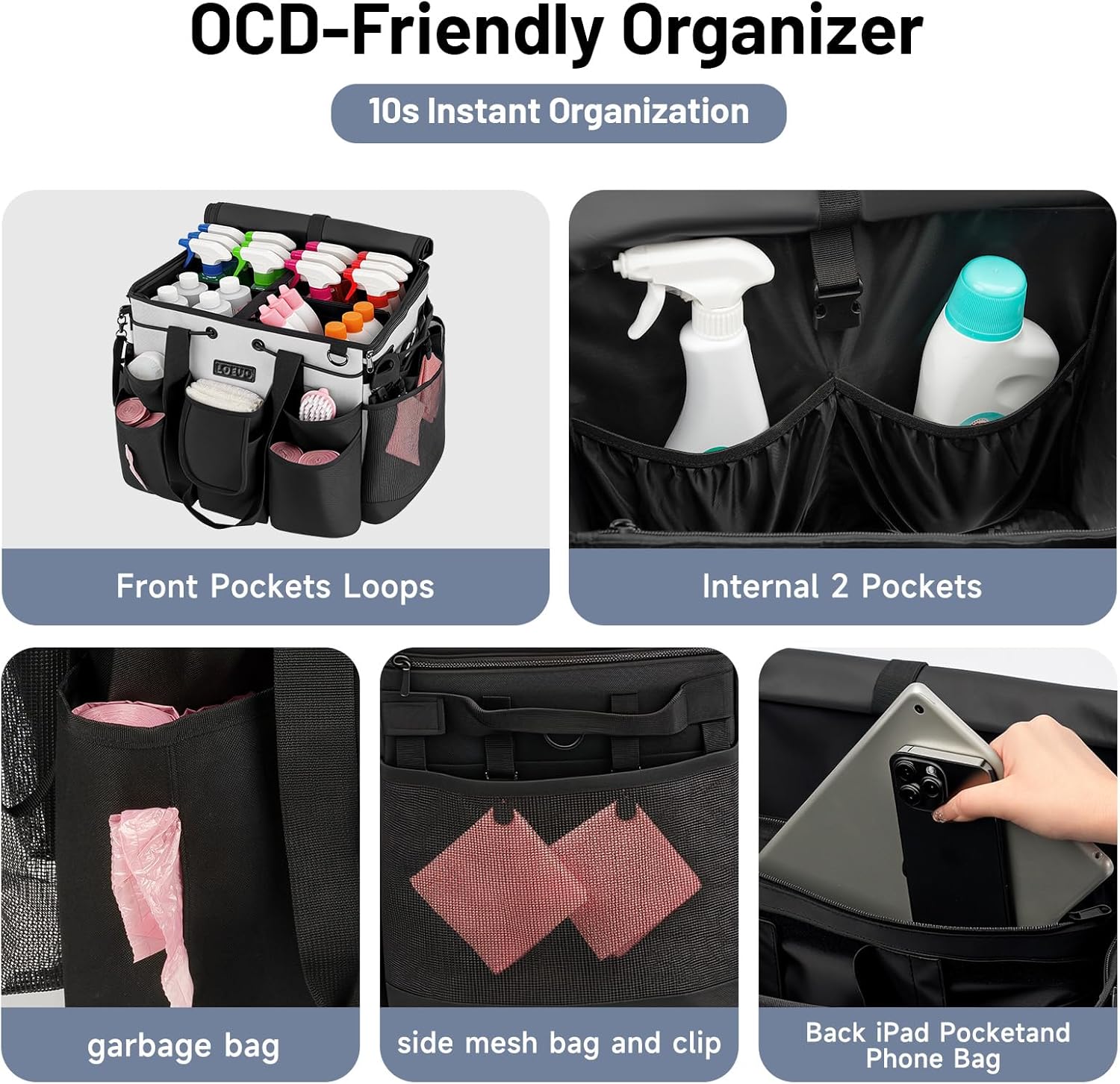 Large Cleaning Caddy for Cleaning Supplies Organizer, Rolling Cleaning Caddy Bags with Wheels for Housekeepers, Cleaning Carts on Wheels for Home Car Office Picnic