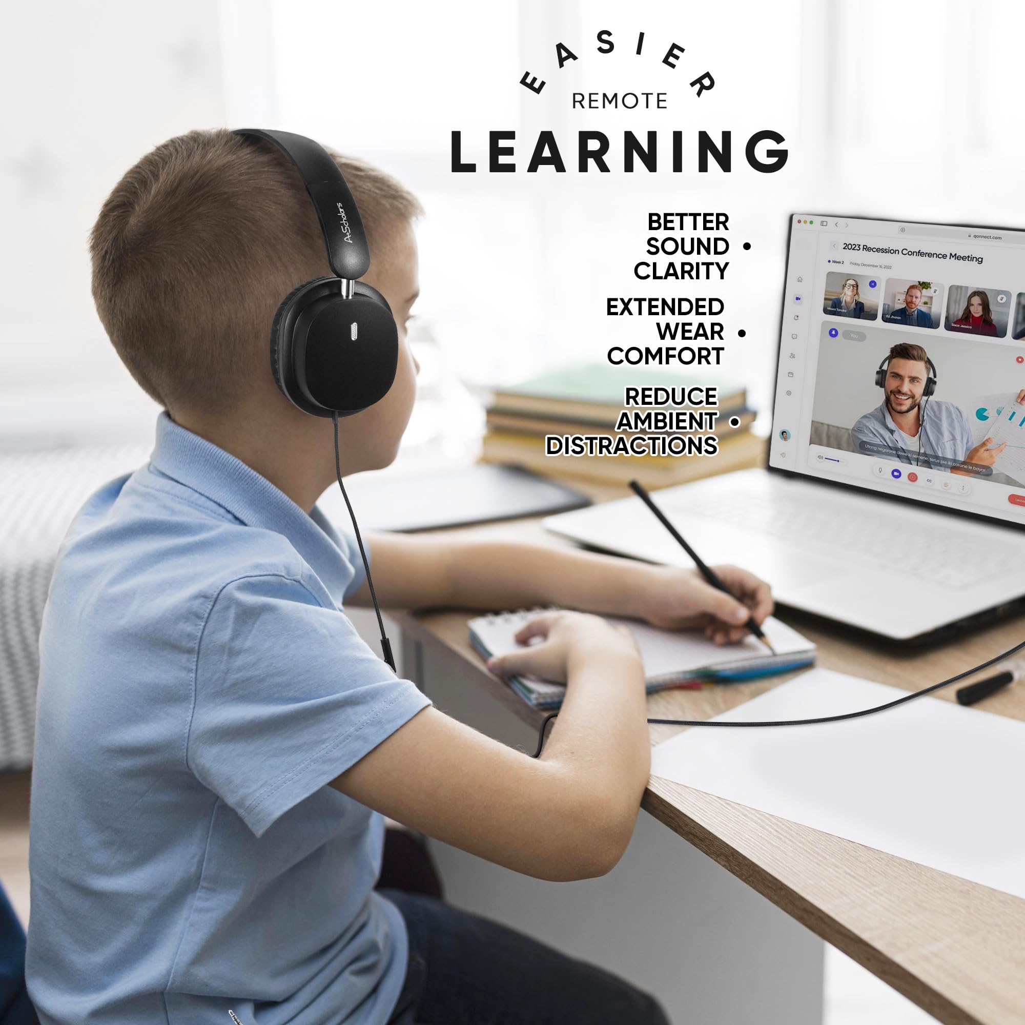 Cuffie per bambini per la scuola, set da 5 cuffie on-ear, 3,5 mm, con cavo, per scuole e biblioteche, cuffie regolabili e imbottite (nero)