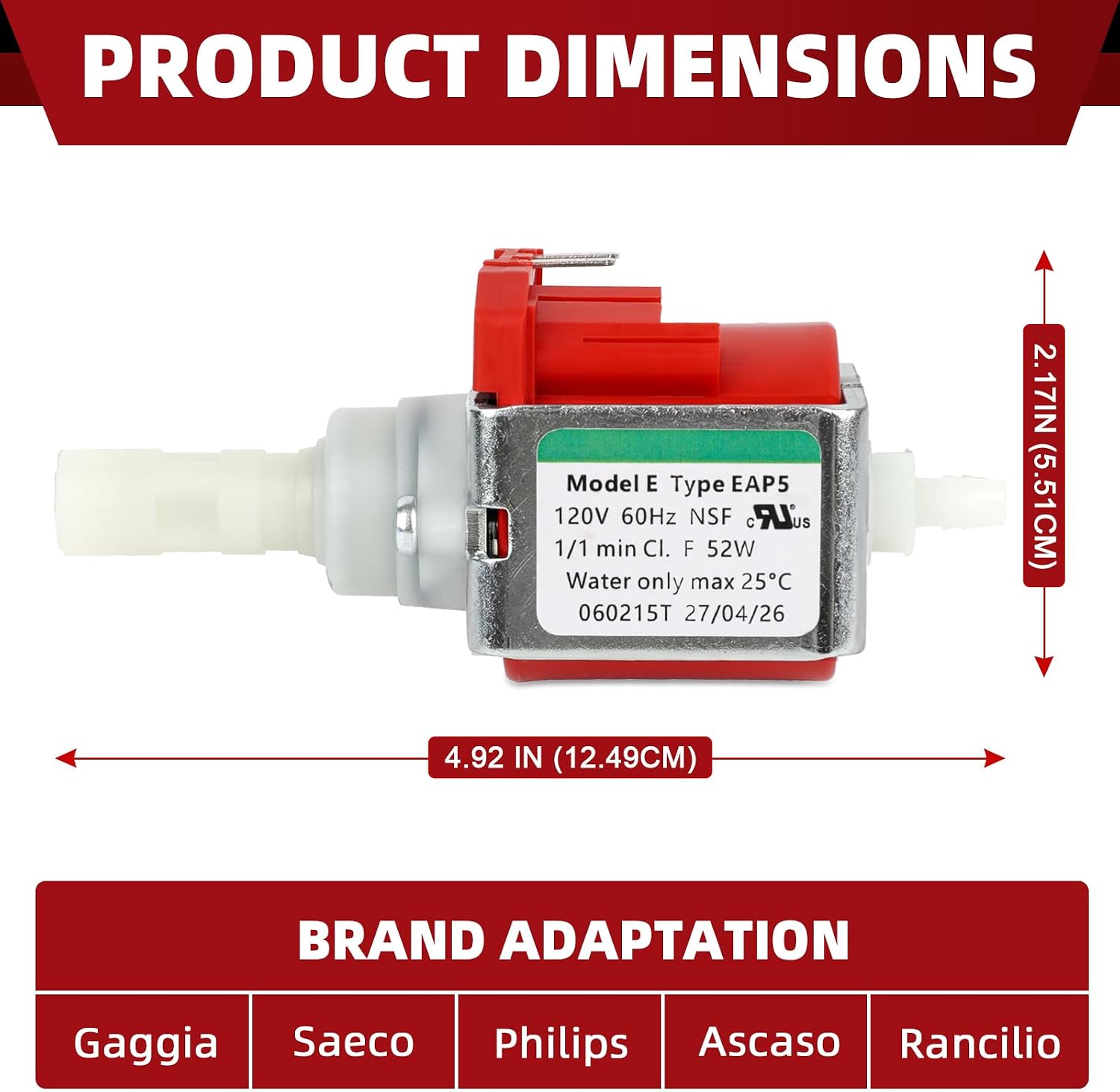 EAP5 Vibratory Solenoid Pump - 120V 60Hz 52W 15 Bar Water Pump Replacement Compatible with ULKA EAP5, for Saeco, Gaggia, DeLonghi, Rancilio and More, 1 min ON / 1.5 min OFF