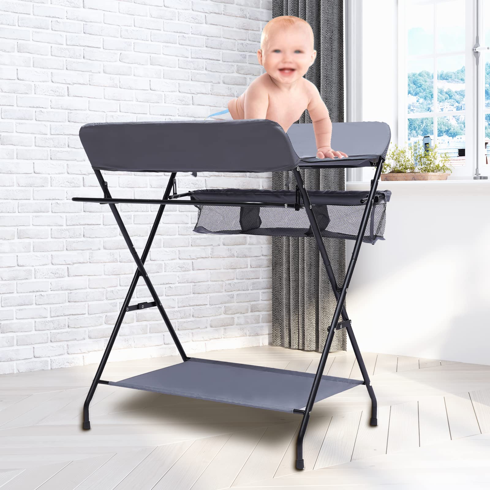 Cambiador gris para bebés extraíble y plegable para almacenamiento, fácil de usar