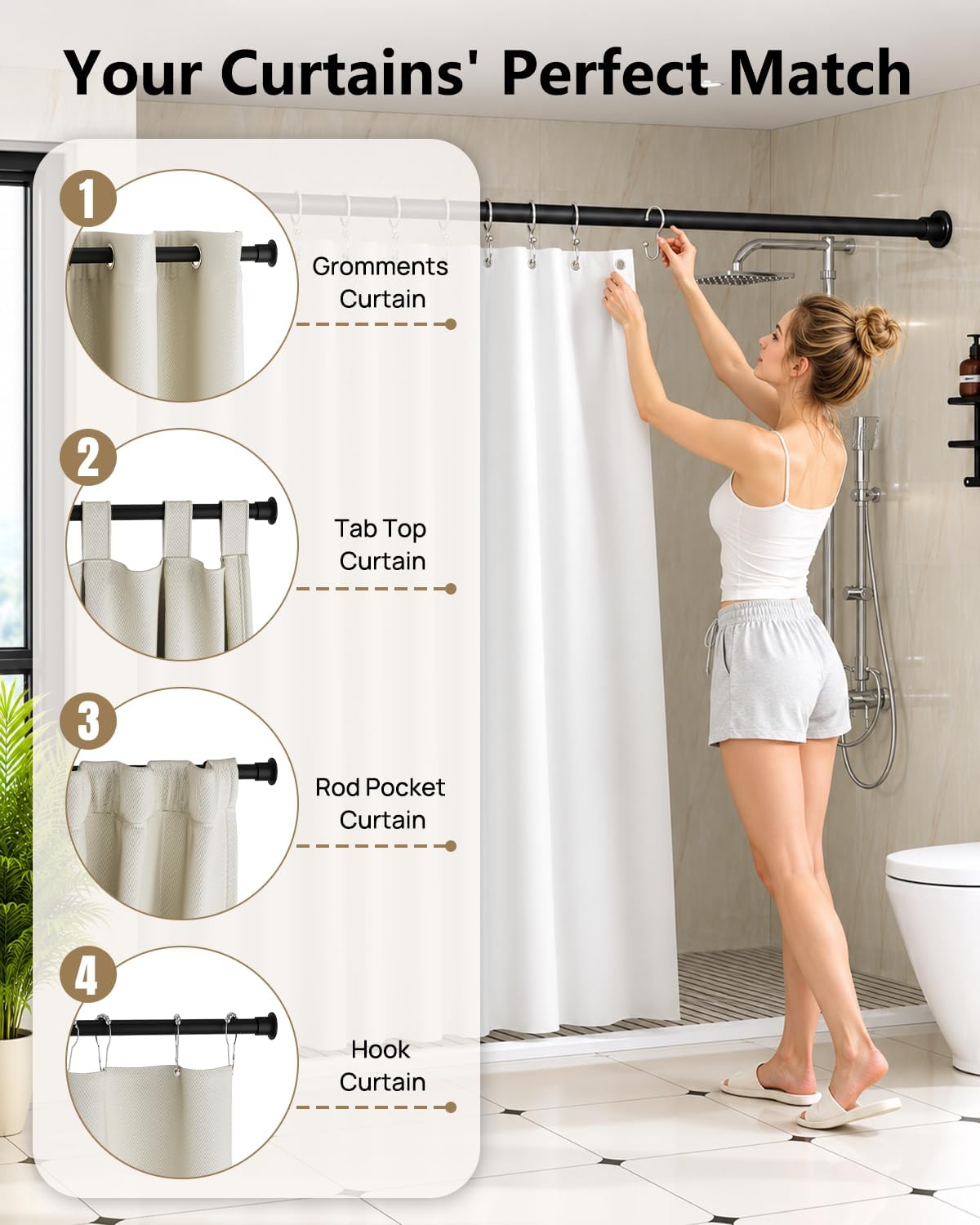 Secure Tension Curtain Rod by EZFurni, 35-76 in, Spring Loaded Curtain Rod