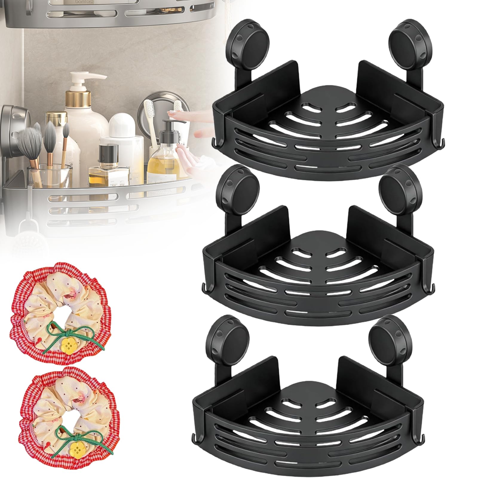 Organizador de ducha triangular mejorado con ventosa, estante esquinero sin taladro, aluminio resistente, soporte fuerte, extraíble, estante de almacenamiento de baño (negro 3)