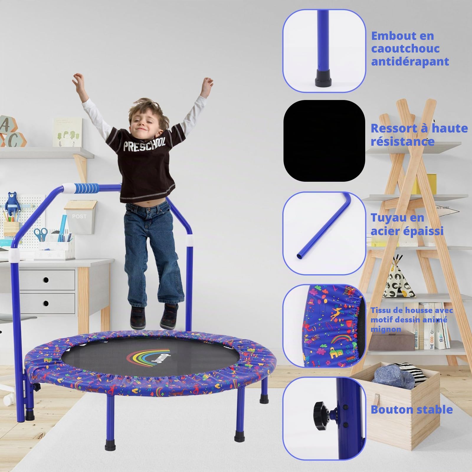 Trampoline Enfant|Trampoline Pliable Enfant Trampoline d'exercice Rebond avec Poignée en Mousse et Housse Rembourrée| Convient pour l'intérieur et l'extérieur
