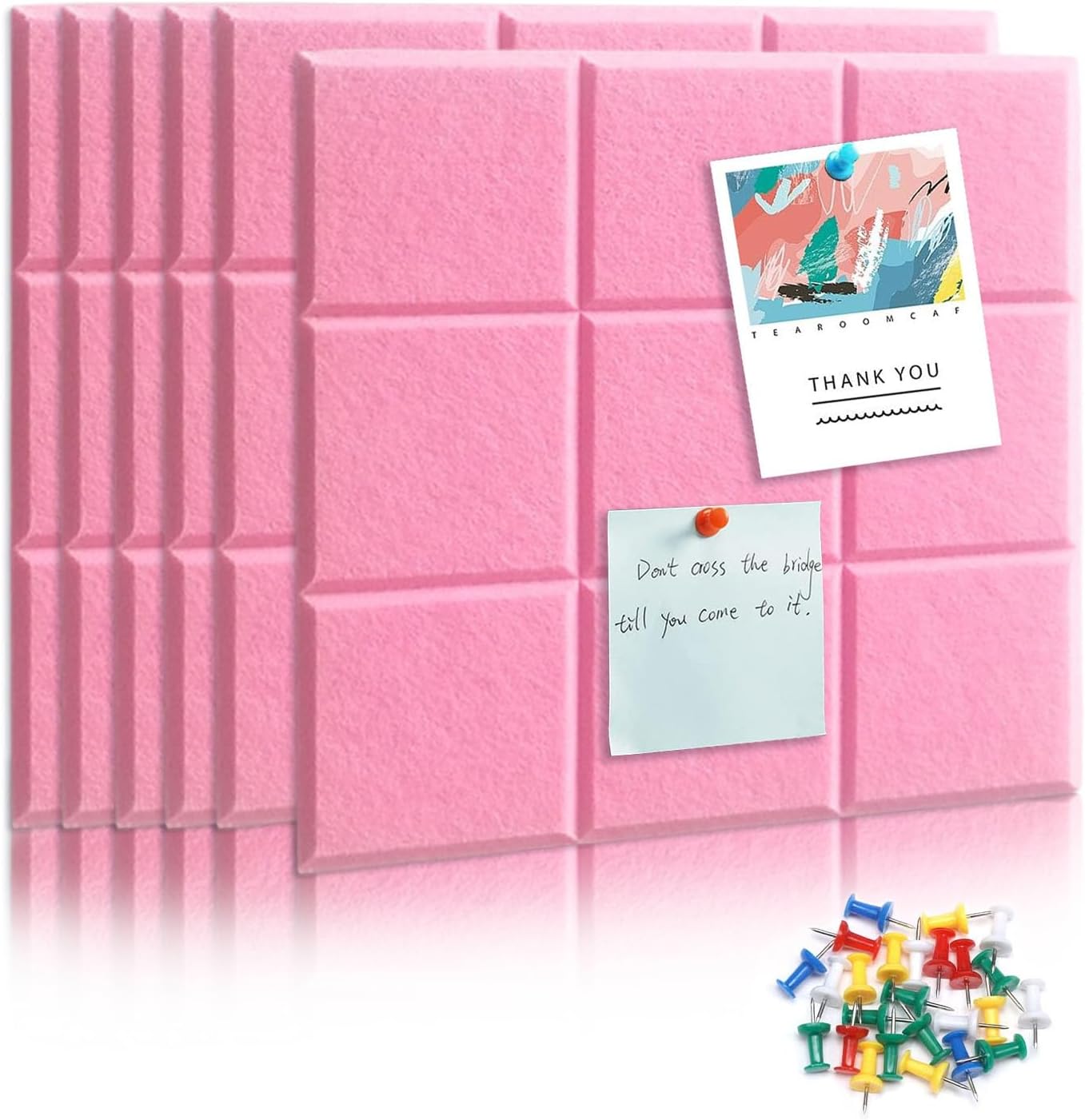 6 Packs Pink Cork Board Felt Board Tiles, Bulletin Board 12"X12" with 30 Push Pins, Felt Board for Home Kitchen Office Decor, Self-Adhesive Corkboard Tiles for Walls School Message Display Board