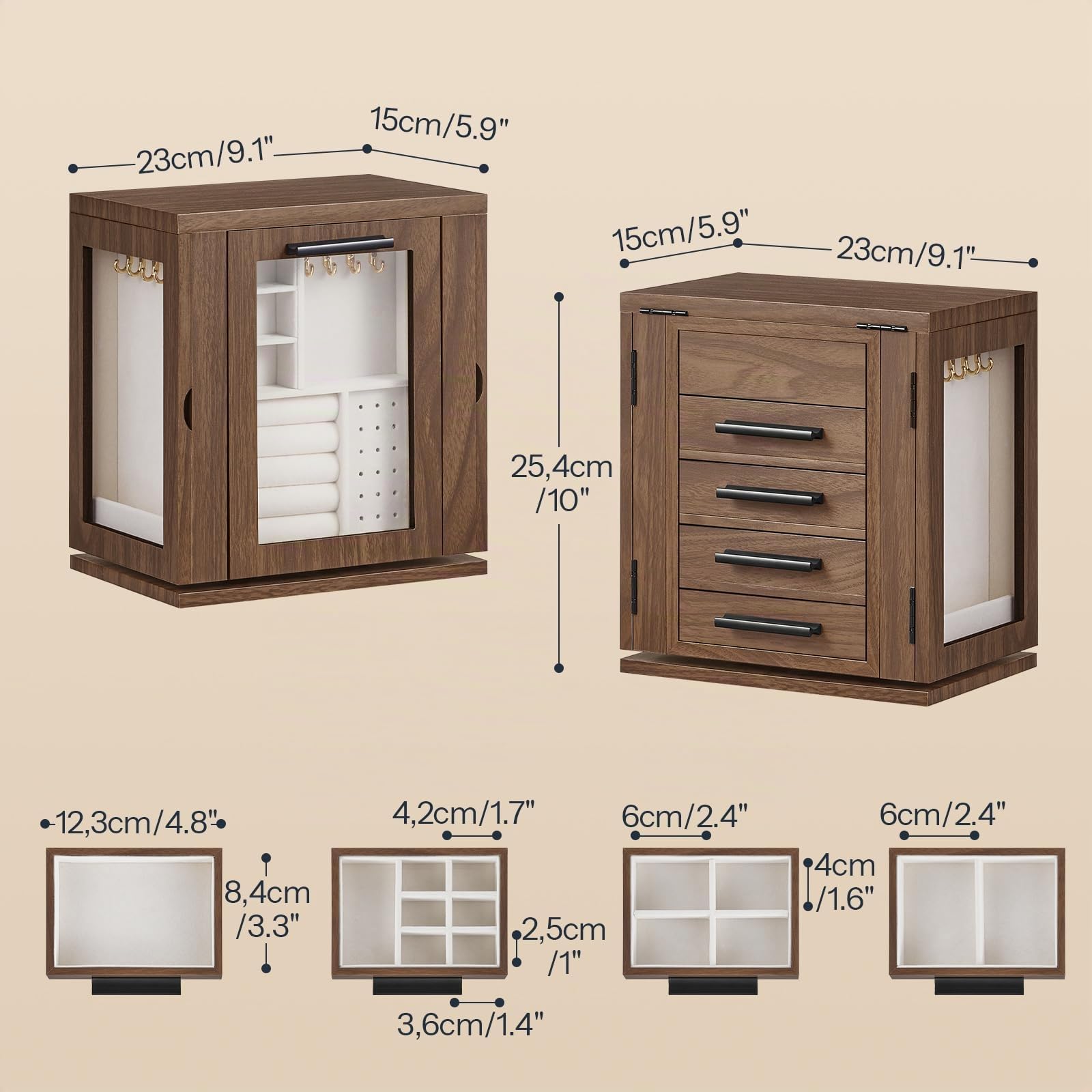 HOOBRO Caja Joyero de Gran Capacidad Giratoria de 360° con 4 Cajones y Espejo, Organizador de Joyas con 3 Puertas de Acrílico, Caja para Collares, Anillos, Pulseras, Nogal EB31JB04