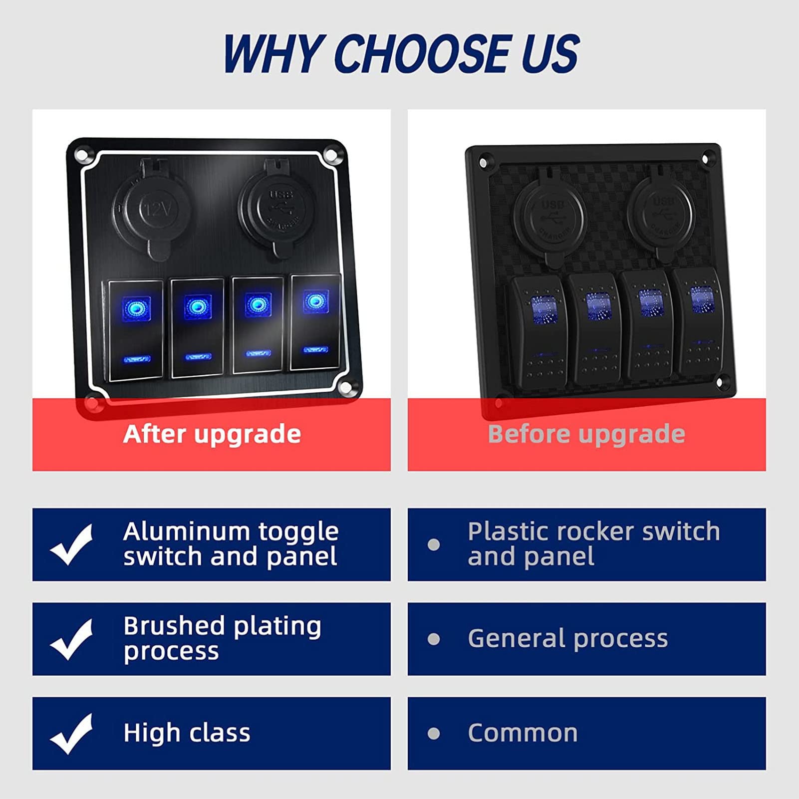 Rocker Switch Panel 4 Gang 12V/24V con Doble USB, Sobrecarga y Luz de Fondo Azul para Automóviles, Vehículos Recreativos, Remolques, UTVS