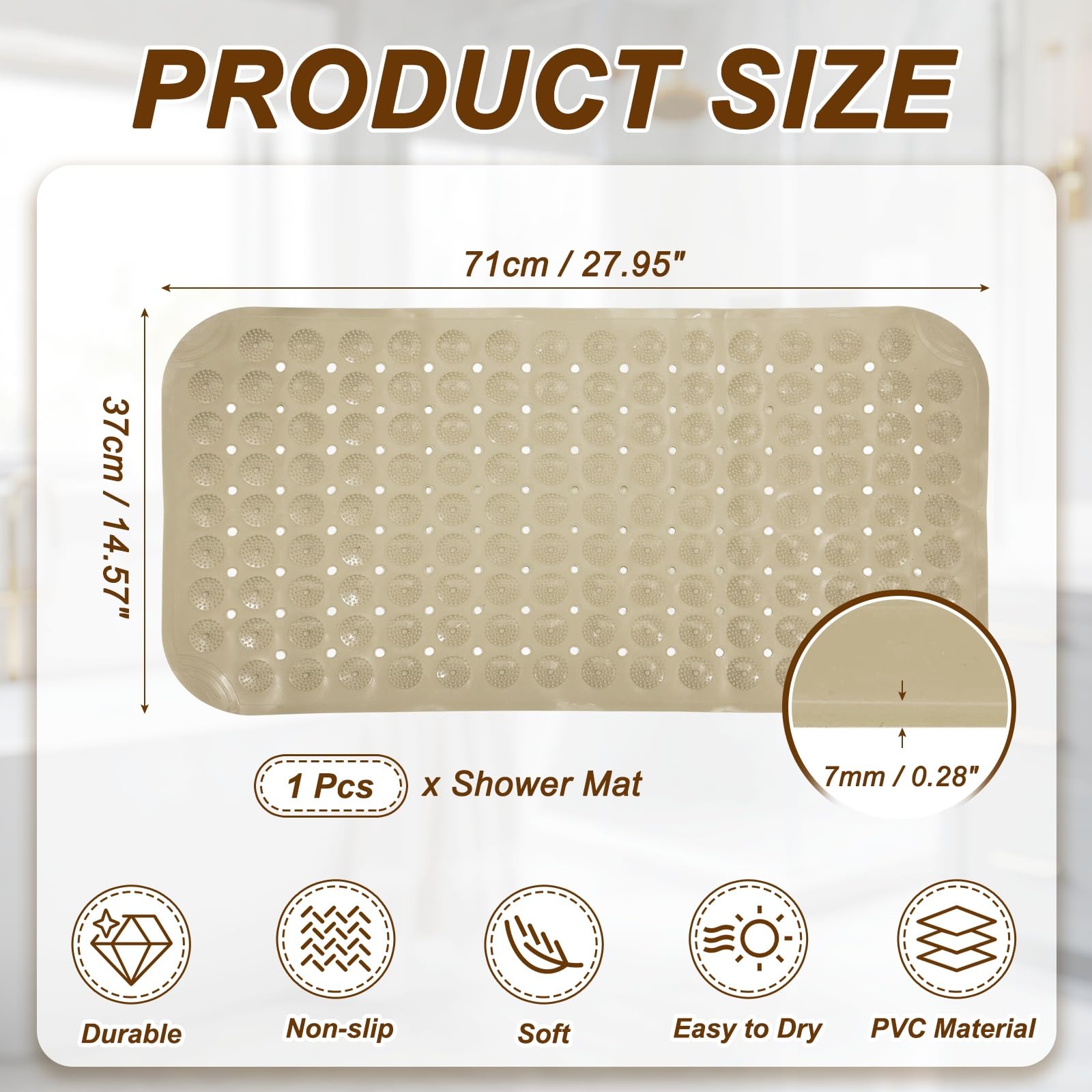 QUARKZMAN Tappetino Antiscivolo Per Doccia 28 X 15 Pollici In PVC Lavabile Con Ventose E Fori Di Scolo Morbido Sotto I Piedi Per Vasca Doccia Bagno Color Cachi