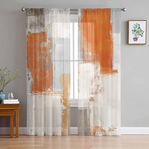 Juego de 2 paneles de cortinas traslúcidas de 63 pulgadas de largo, color naranja, marrón, gris, beige, con textura de pintura al óleo, cortinas