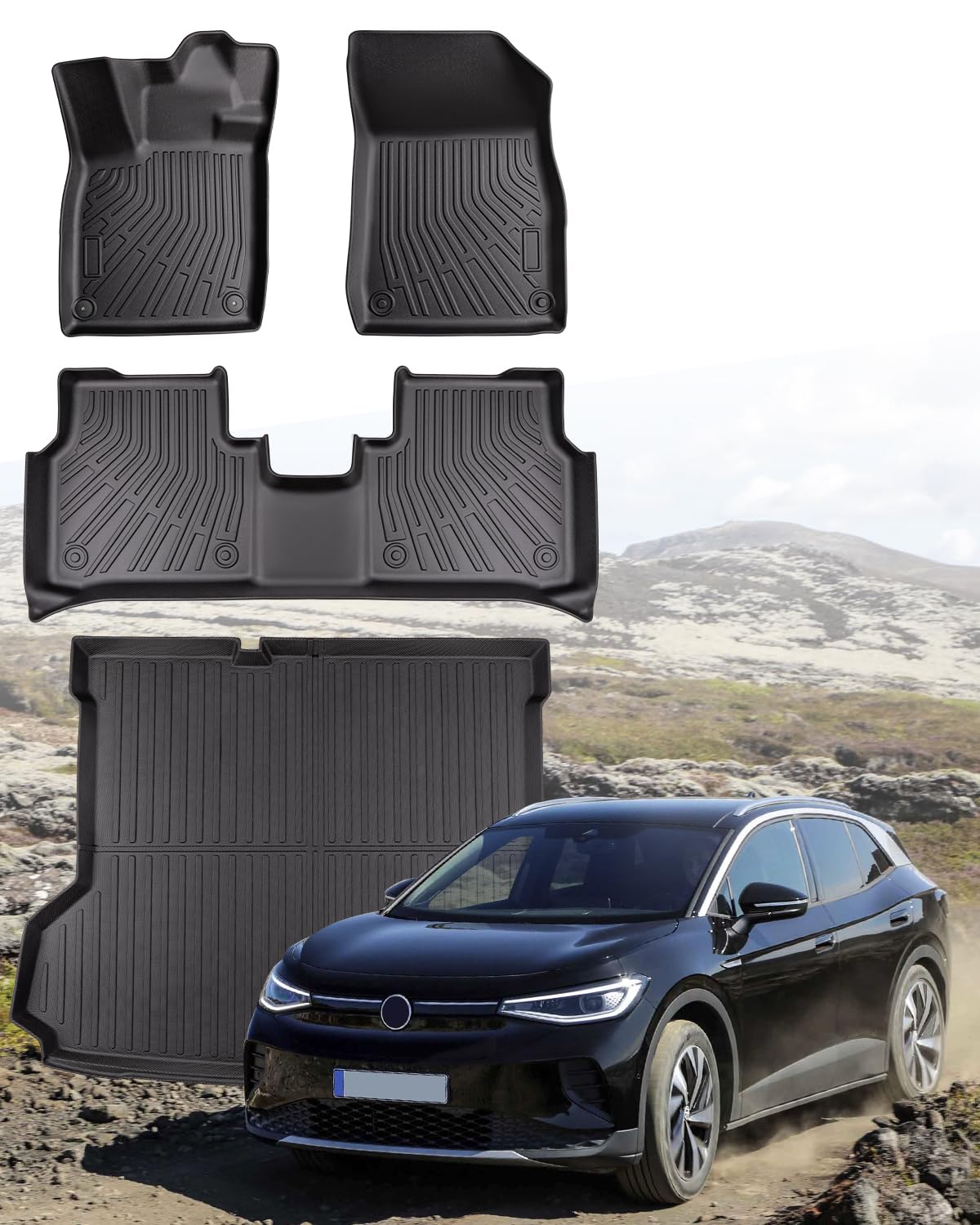 Car Floor Mats for Volkswagen ID.4: 2024 2023 2022 2021 All Weather Floor Liner for VW id.4 Accessories 2021-2024 1st 2nd 3rd Row Mat and Cargo Mat Full Set for id.4 Pro S Floor Mats