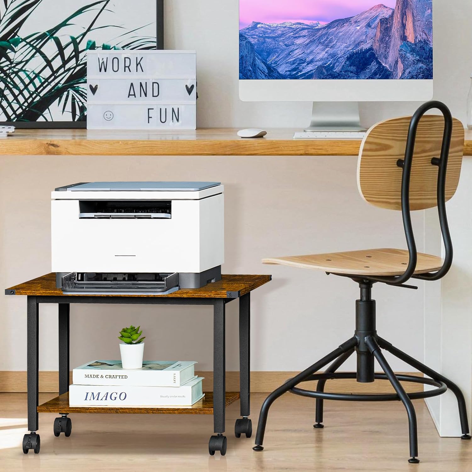 Lerliuo Under Desk Printer Stand, 2-Tier Industrial Mobile Printer Table with Storage Shelf and Steel Frame, Rolling Printer Cart Holder with Lockable Wheels for Home, Office (Rustic Brown)