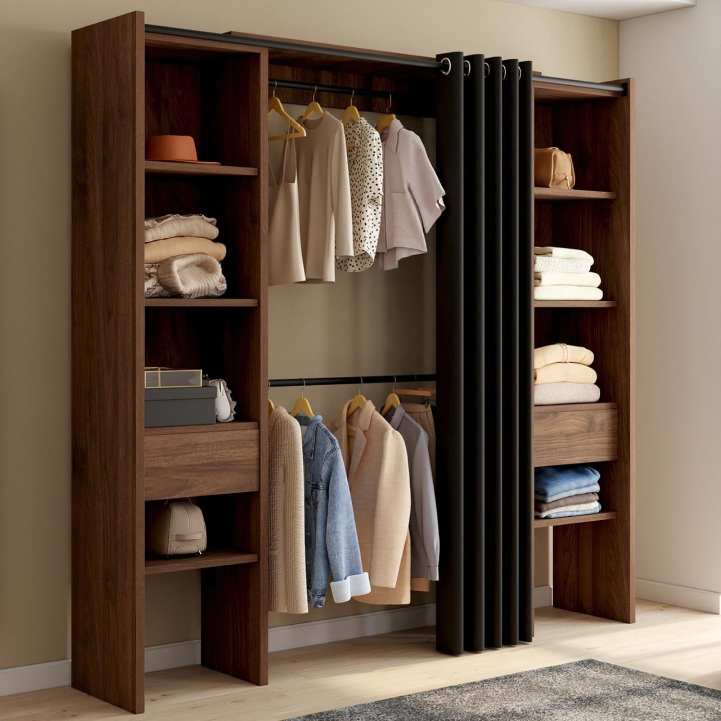 IDMarket - Dressing extensible double MERYL 120/180 x 50 x 180 cm noyer avec étagères + double penderie + rideau noir